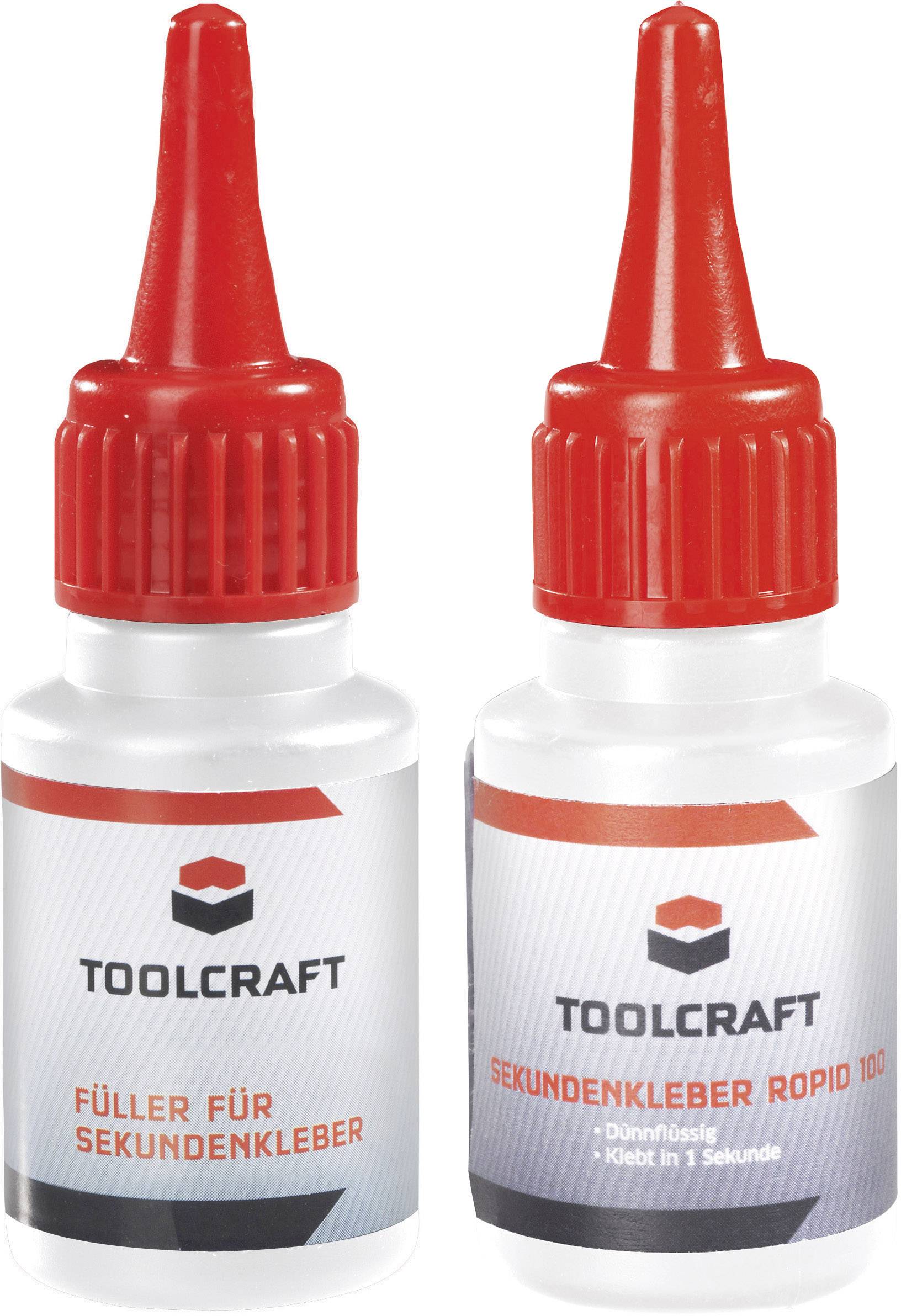 Two small bottles of Toolcraft adhesive: 'Filler for Superglue' and 'Rapid 100 Superglue', with red caps.