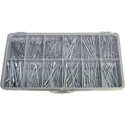A plastic tray with twelve compartments, filled with metal rivets of varying lengths.