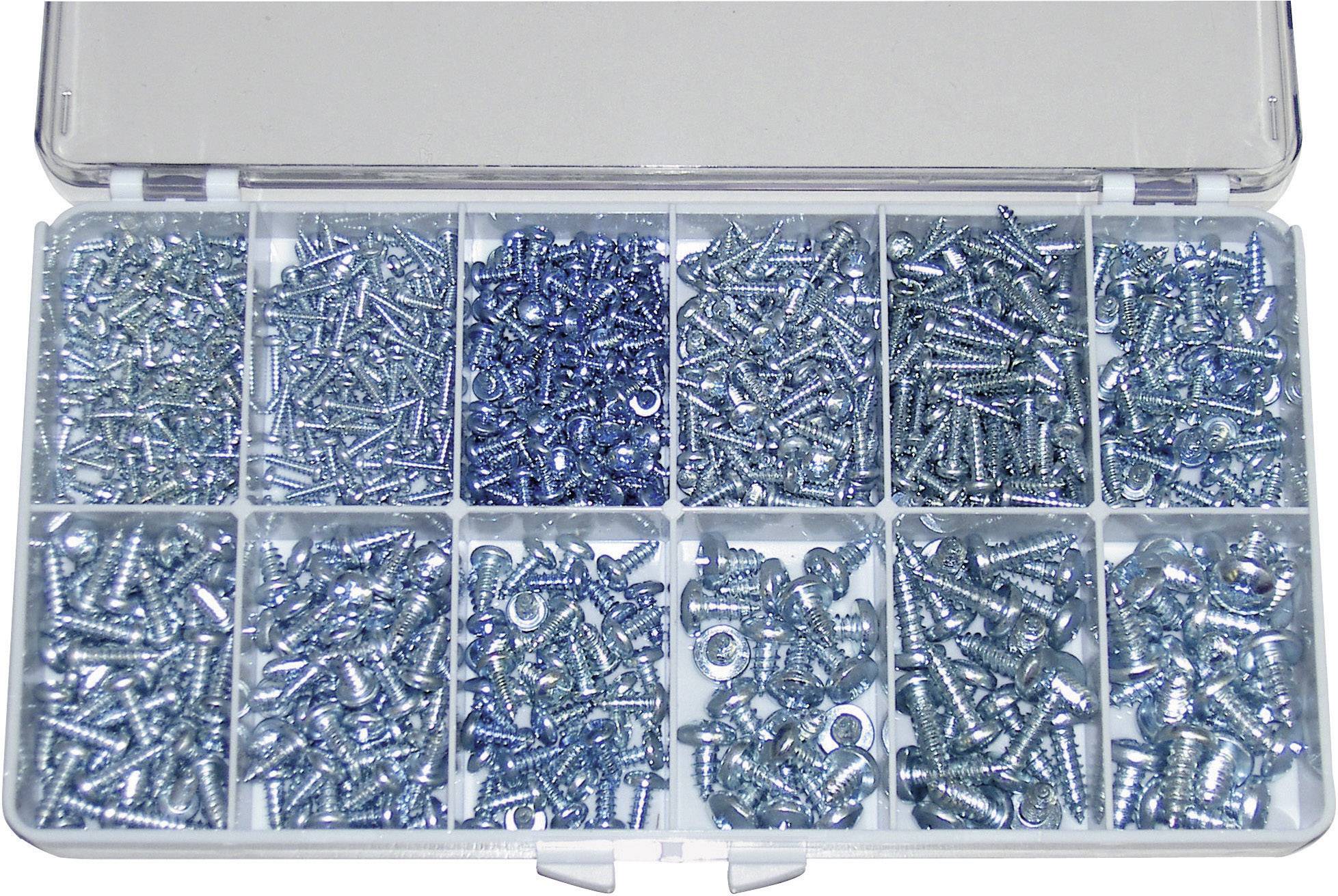 An open plastic storage box with twelve compartments, filled with various silver-coloured screws.