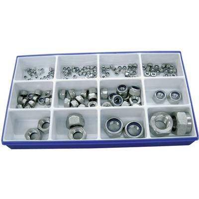 A selection of metal nuts in a rectangular organiser with multiple compartments, with different sizes and shapes visible.