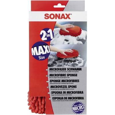 Packaging for a Sonax microfibre sponge in maxi size. Displays a hand holding the sponge on a sudsy surface. Text in multiple languages.