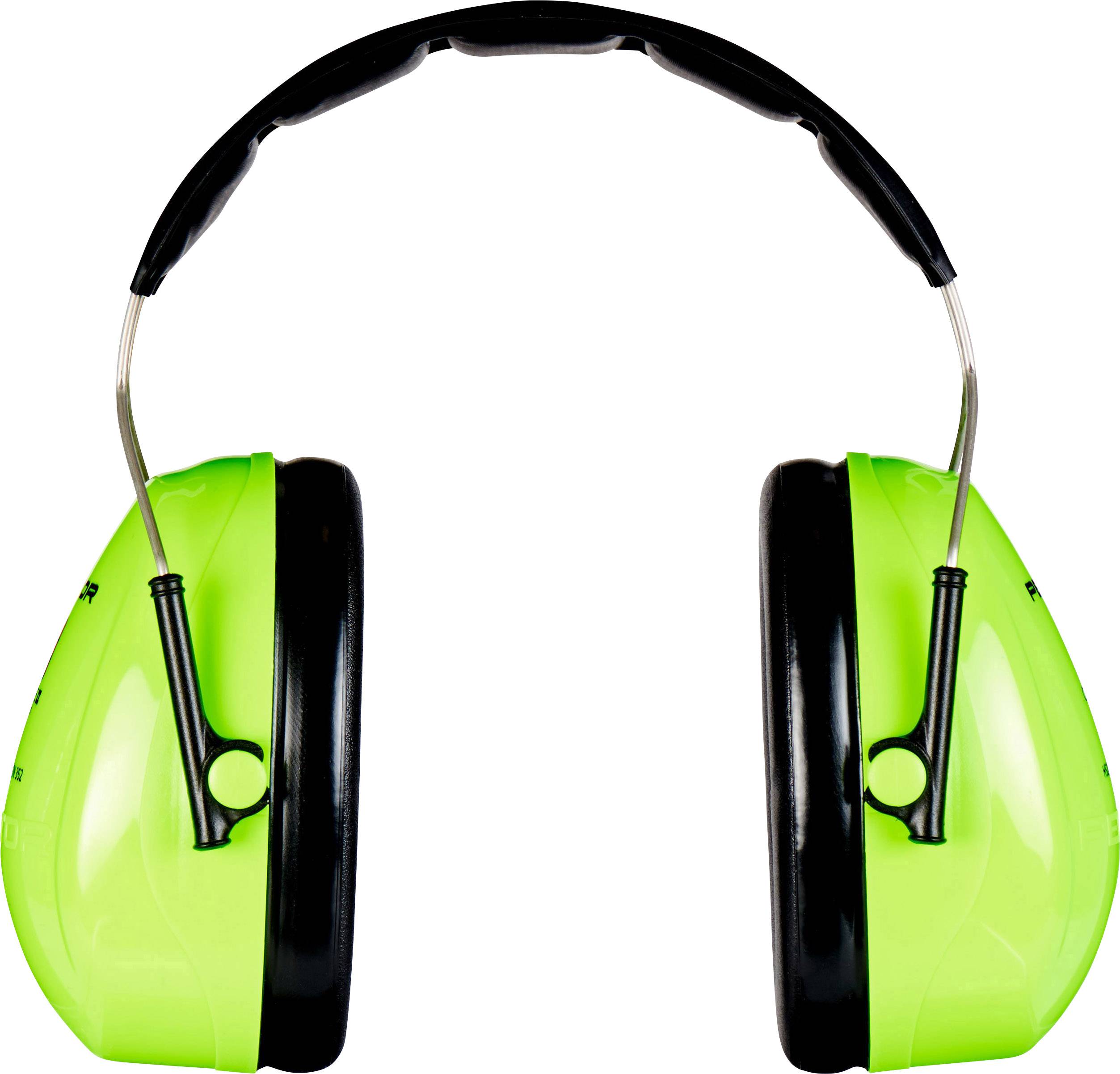 Green ear defenders with a black headband that protect against noise.