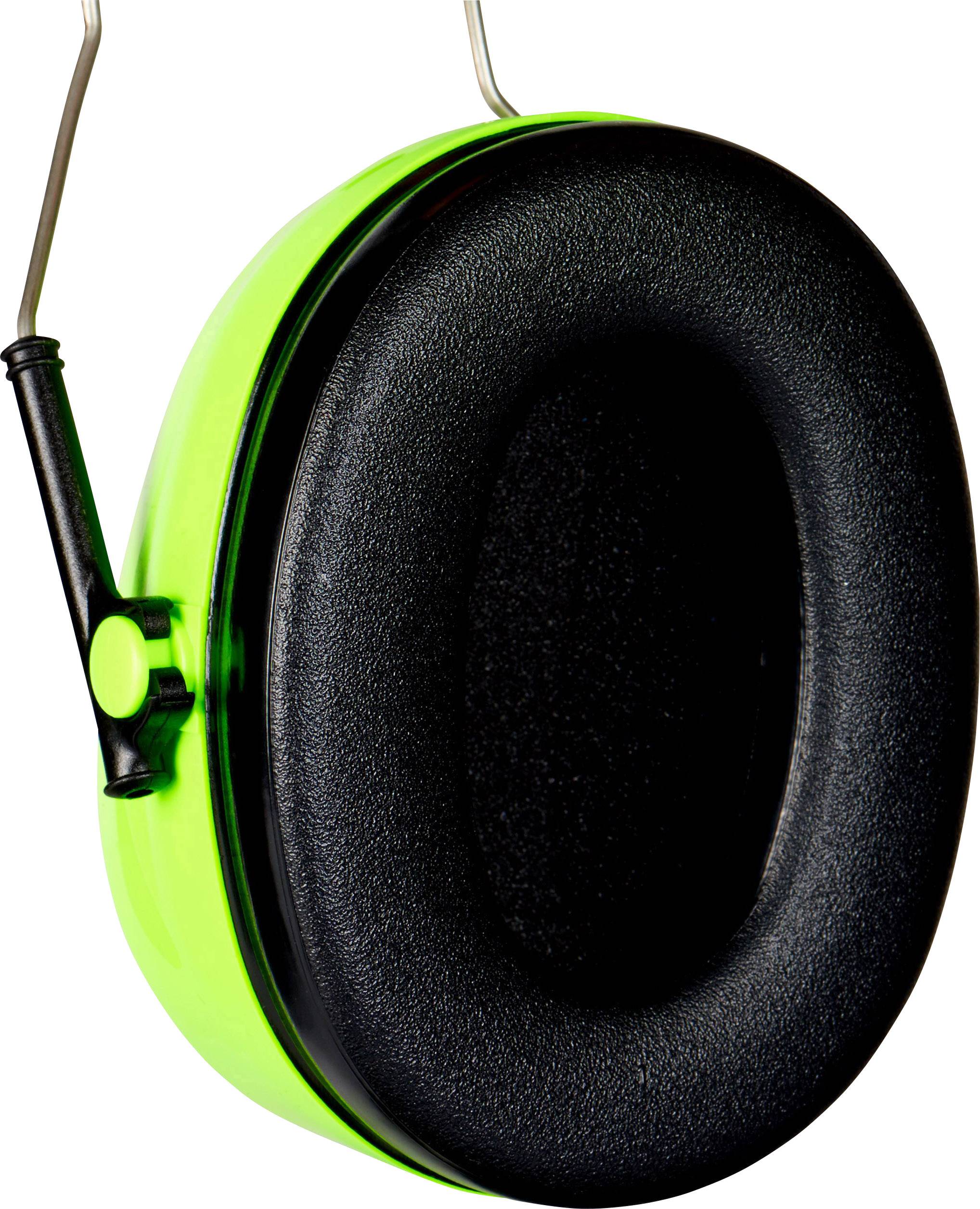 Green and black ear defenders with padded ear cups and an adjustable metal headband, ideal for high-noise environments.