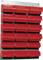 Red plastic storage boxes mounted in five rows on a wall. Boxes are open and suitable for storing small objects.