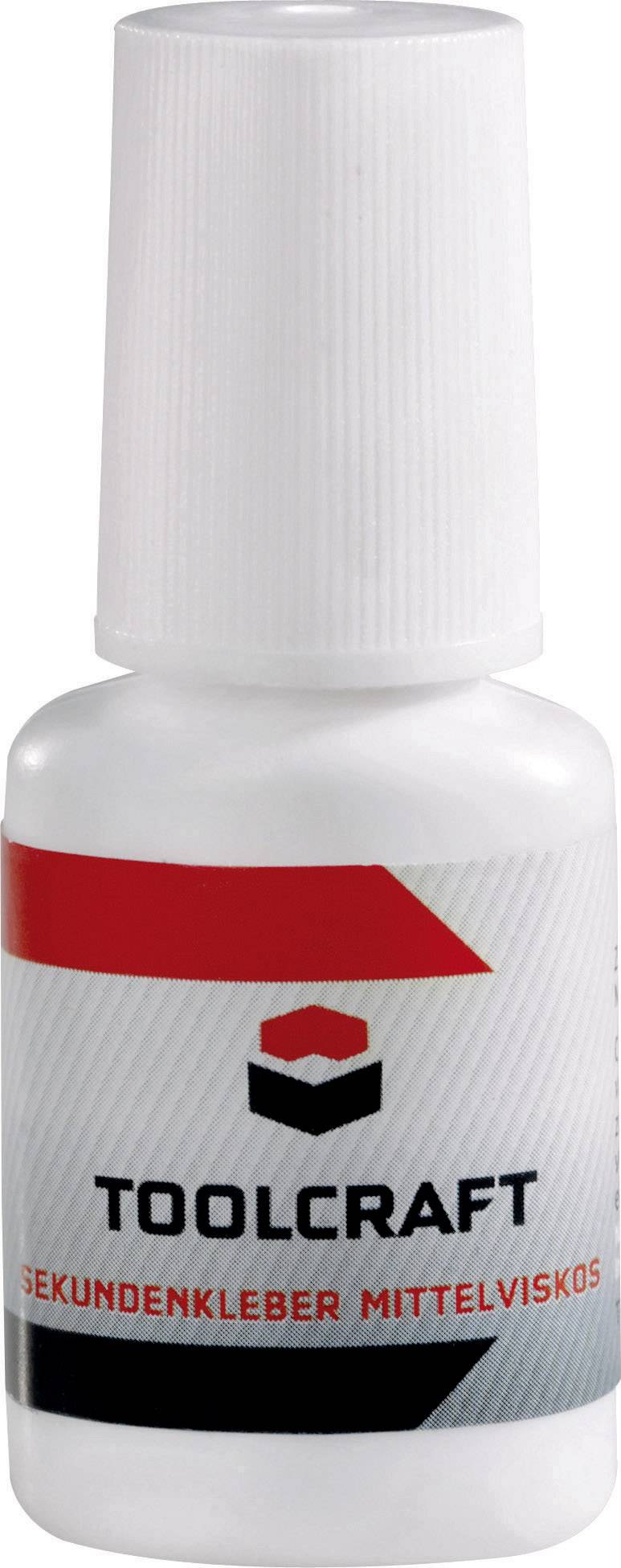 A bottle of Toolcraft cyanoacrylate adhesive, medium viscosity, white cap, red and black label with brand name and specifications.