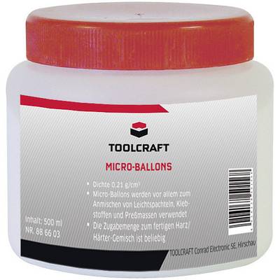White plastic container with red lid, contains 500 ml 'TOOLCRAFT Micro-Balloons', used for resin and adhesive mixtures.