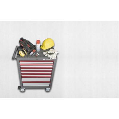 Tool trolley with red drawers, with a safety helmet, work shoes, gloves, and spray can placed on top, against a grey background.