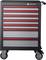 Tool trolley with seven red drawers and black handles, mounted on four castors for mobility; ideal for tool storage.