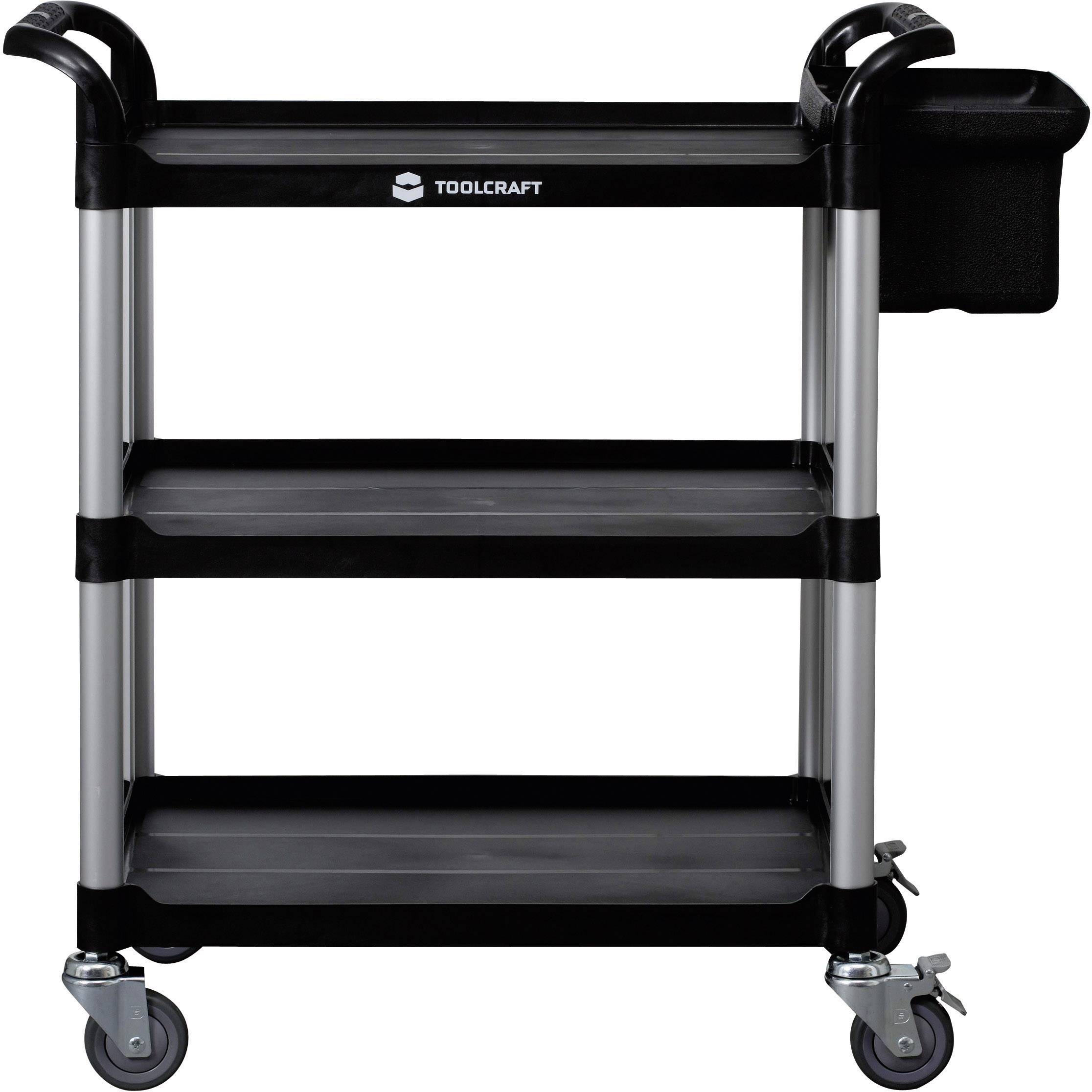 Tool trolley with three black storage surfaces and silver legs on four swivel castors, with a tool container on the side.