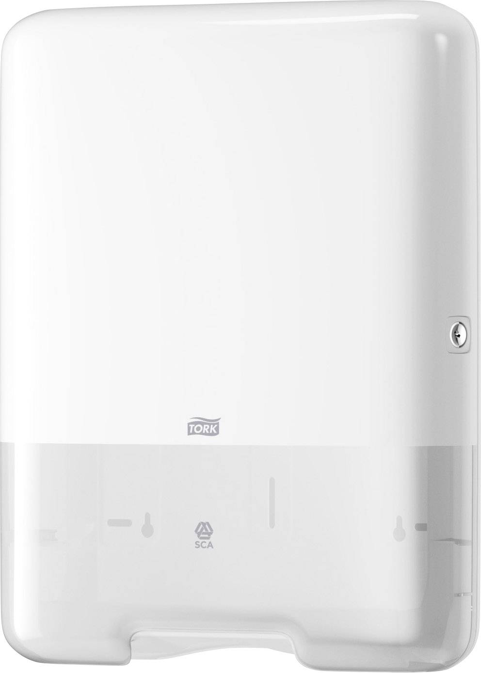 A white wall-mounted paper towel dispenser with a transparent lower section, affixed to a wall.