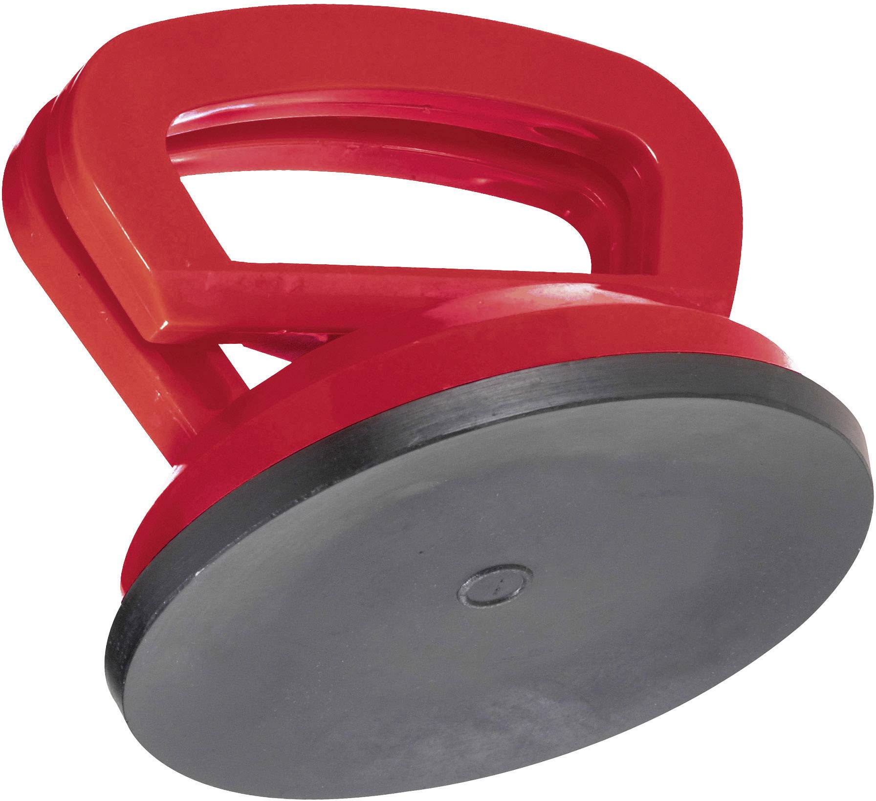 Red suction lifter with round rubber foot, used for lifting smooth surfaces such as glass or tiles.<br><br>Red suction cup with round rubber base, used for lifting smooth surfaces like glass or tiles.