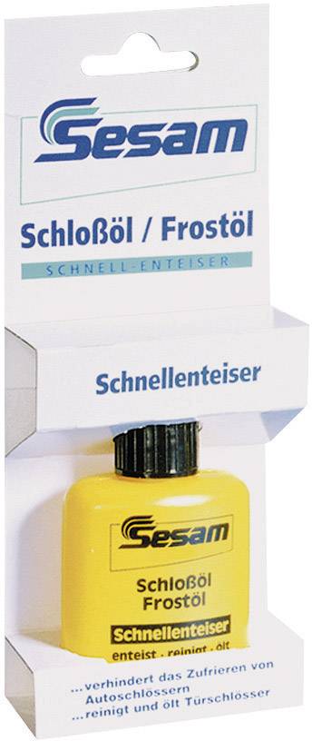 A packaging with a yellow bottle of Schloßöl/Frostöl (lock/frost oil) from the Sesam brand. Text on the packaging: 'Quick De-Icer', 'prevents car locks from freezing'.