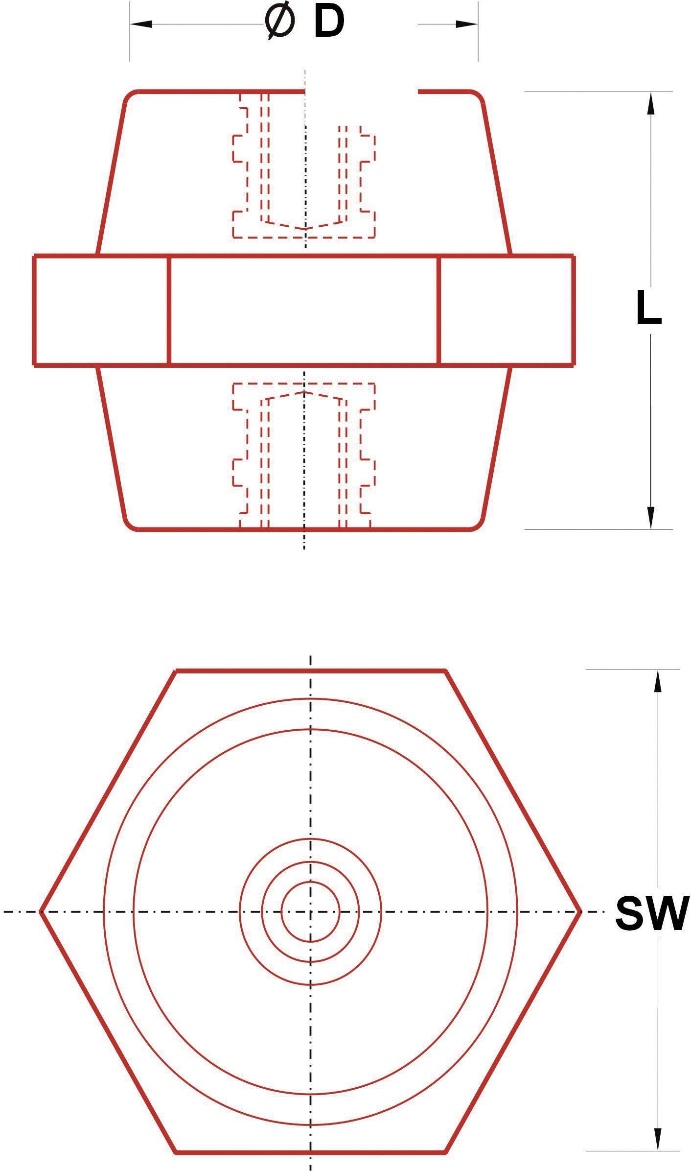 Technical drawing of a hexagonal nut with dimensions: diameter D, length L, across flats SW. Side and top views shown.
