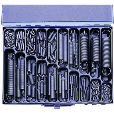 Various metal springs of different sizes and types are neatly sorted in an opened plastic container.
