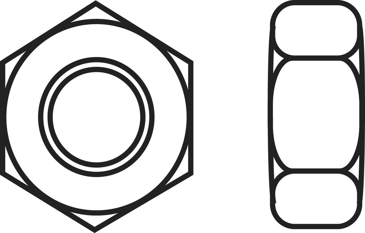 Drawing of a hexagonal nut, left in top view, right in cross-section, showing internal thread and hexagonal shape.