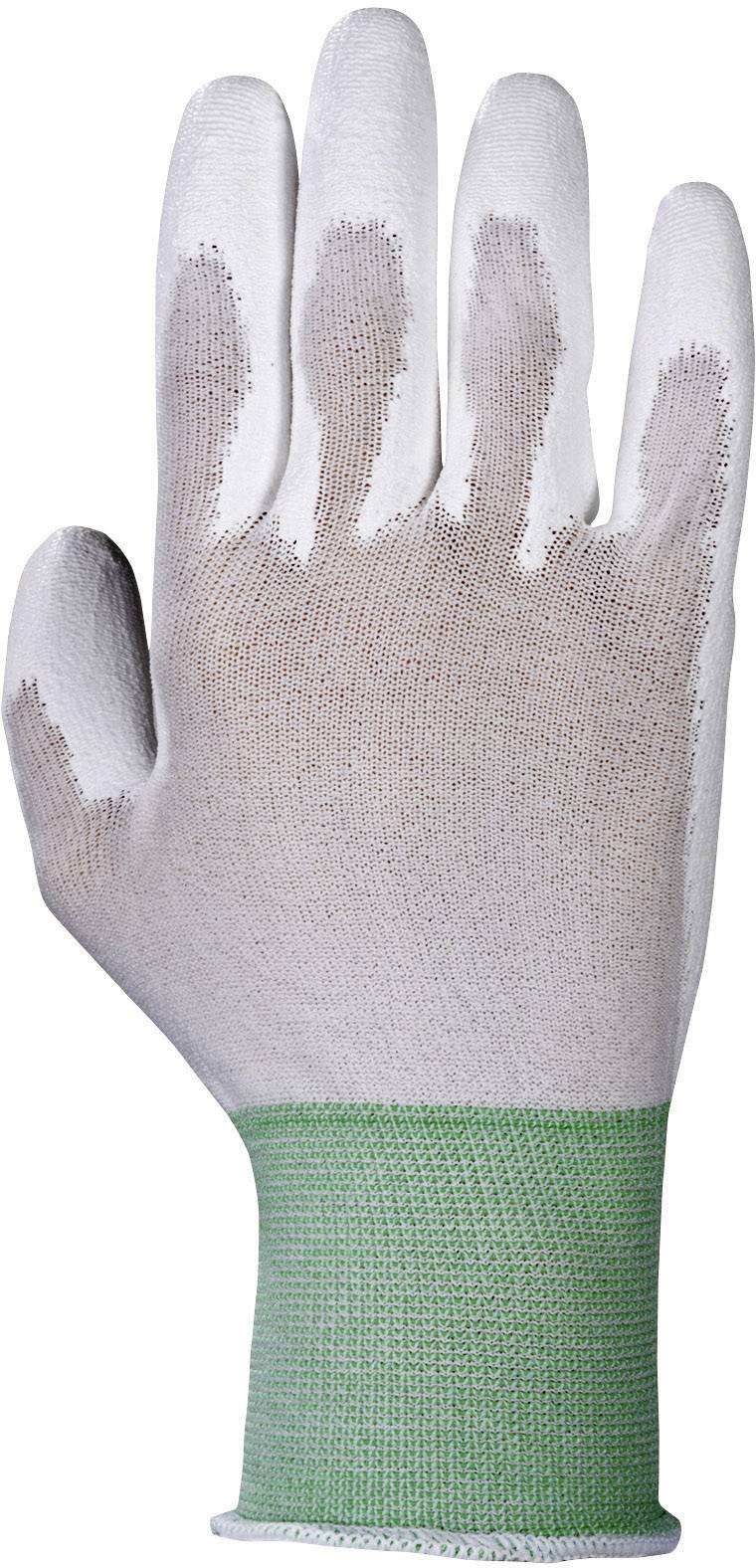A single work glove in white with grey fingertips and a green cuff, viewed from above.