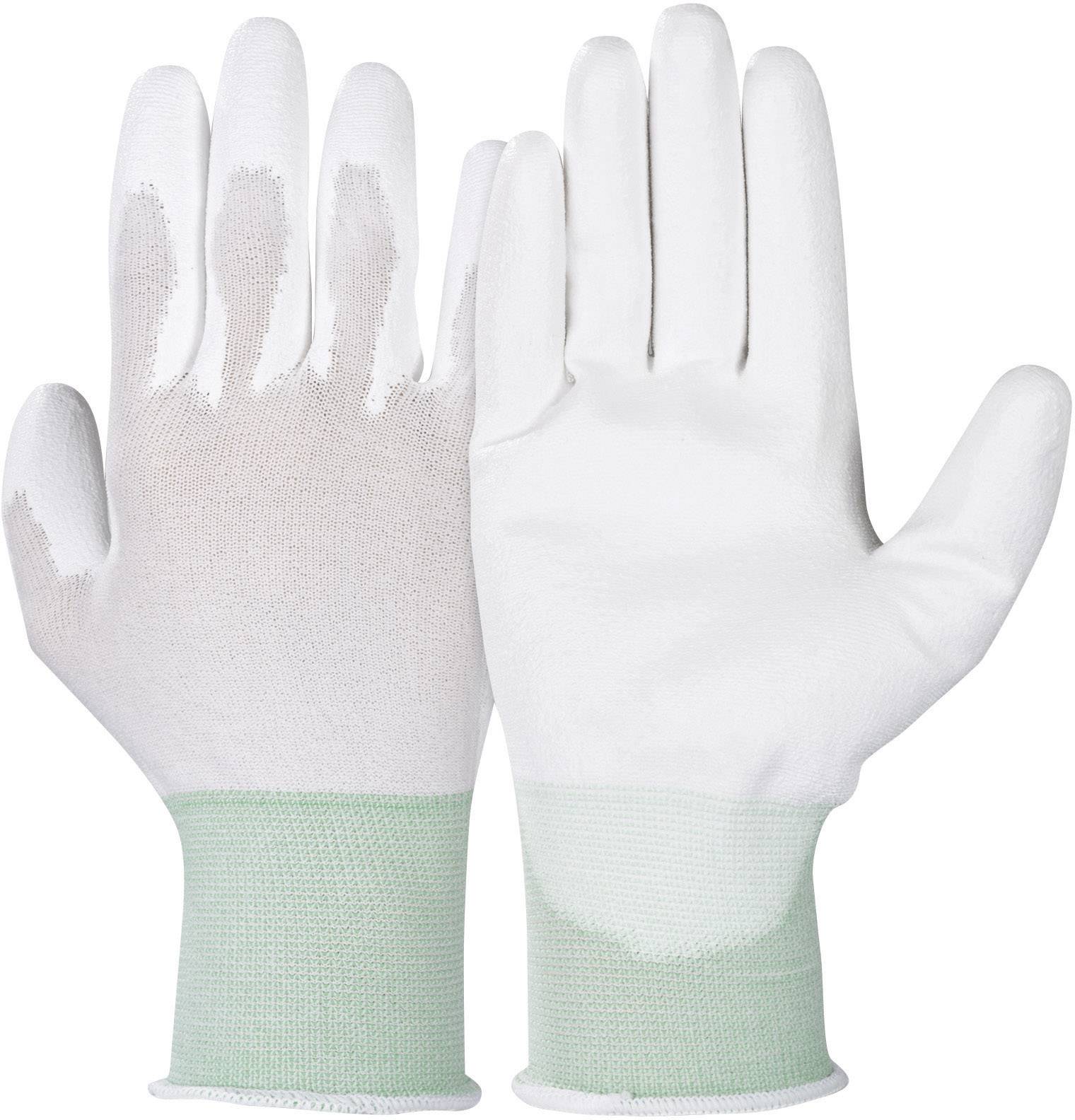 Two white gloves with an elastic wrist band in a light green colour, suitable for precision work or protection during light tasks.
