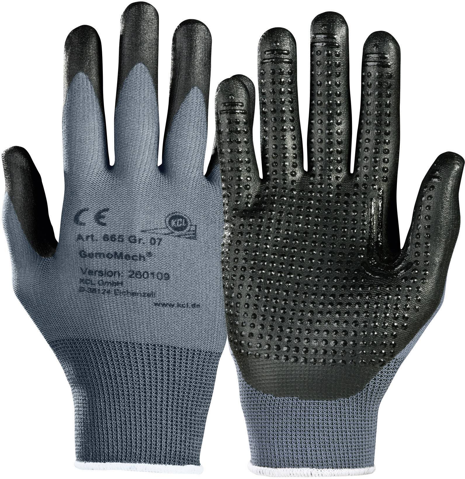 A pair of grey work gloves with a black, non-slip surface and CE marking. Suitable for mechanical work.