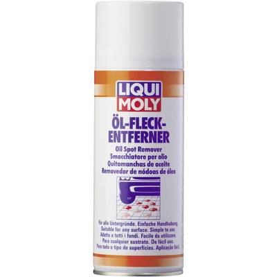 Liqui Moly oil stain remover spray can on a white background. Text on the can in multiple languages explains the usage.