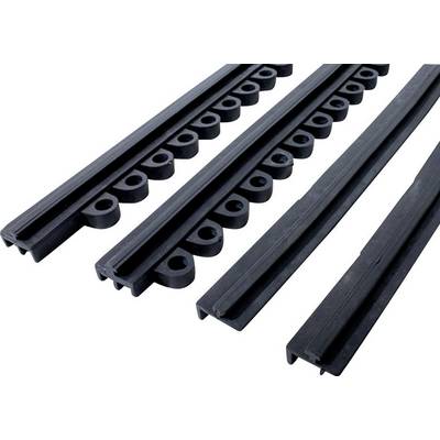 Four black rubber profiles of various shapes and sizes, lying side by side on a white background.