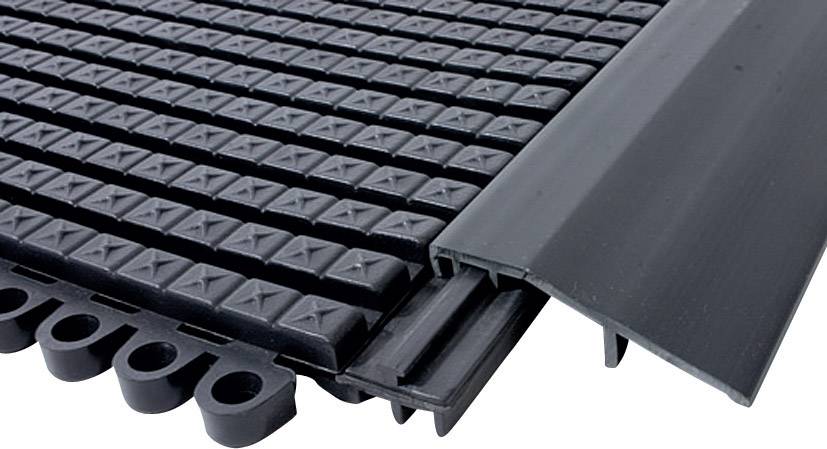 A black, structured rubber mat with an angled edge, showing an anti-slip surface and connection mechanism.