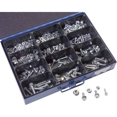 An opened metal box with twelve compartments containing various nuts, screws, and bolts shows an organised arrangement.