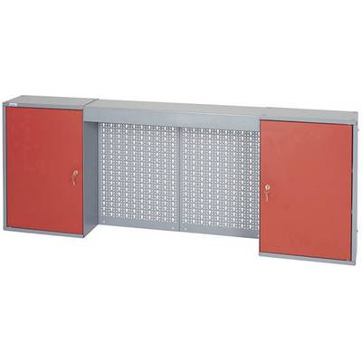 Metal cabinet with two lockable, red doors on the left and right. Perforated metal plate between them for tool storage.