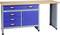 Blue workbench with wooden top, four drawers on the left and a lockable cabinet on the right, robust design for workshop use.