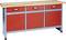 Red workbench with wooden worktop, three drawers and two lockable cabinets, suitable for workshop equipment.