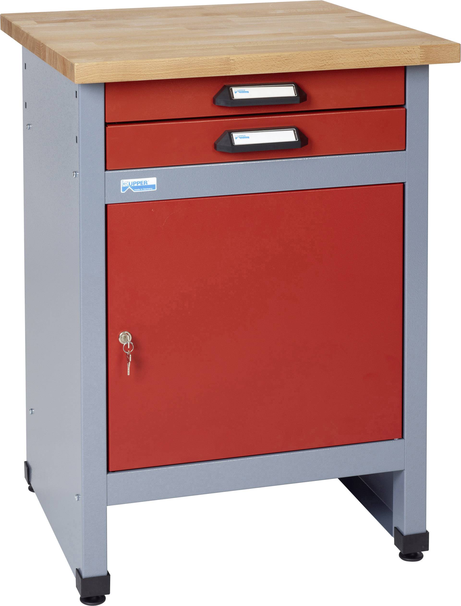 Metal workshop cabinet with wooden top, two drawers and a lockable compartment. Perfect for storing tools.