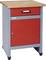A workshop cabinet with a wooden surface, a red drawer, and a lockable red door at the bottom.