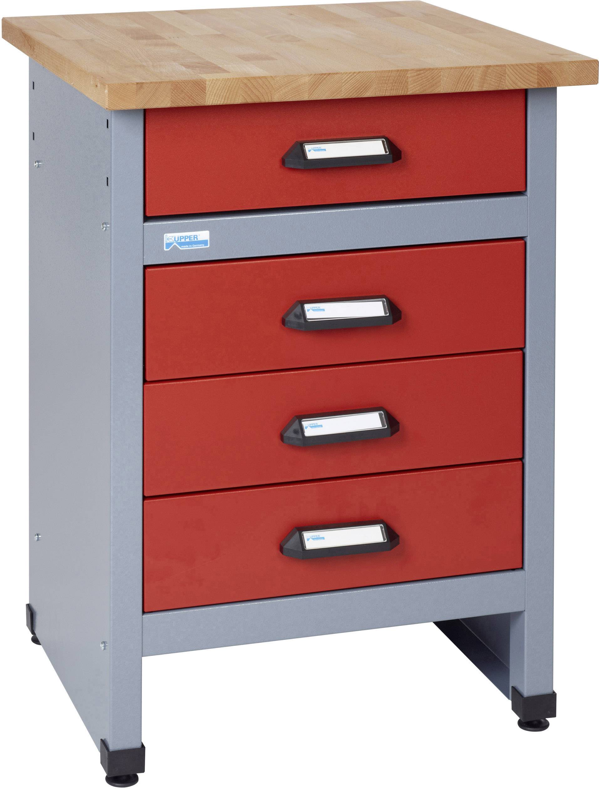 Metal cabinet with four red drawers and a wooden surface, suitable for storage in workshops.
