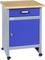 Blue cabinet on wheels with a wooden top, one drawer, and a lockable compartment underneath. Perfect for workshop or office.