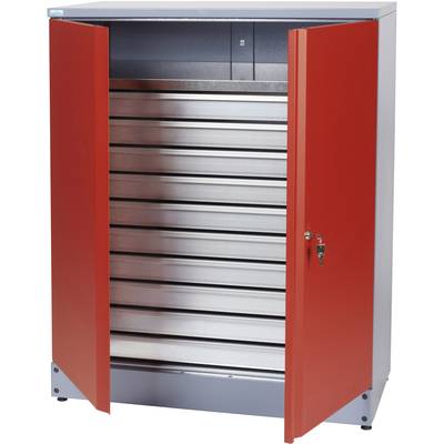 Metal filing cabinet with red doors, open, showing several empty, horizontal drawers. Suitable for storing tools or office supplies.