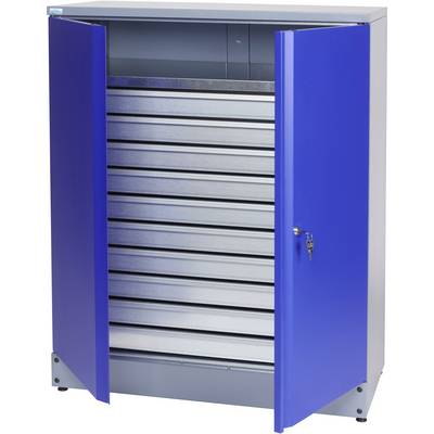 Metal cabinet with blue doors and seven grey drawers, standing open. Door lock with key visible.