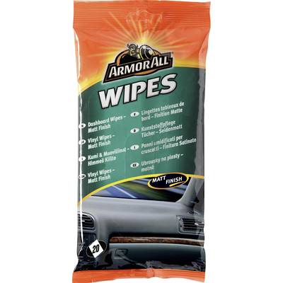 Pack of 'Armor All Wipes Matt Finish', showing application for dashboard and surface care. Contains 20 wipes.