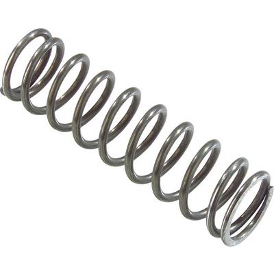 A metallic helical spring, slightly diagonally positioned, against a white background.