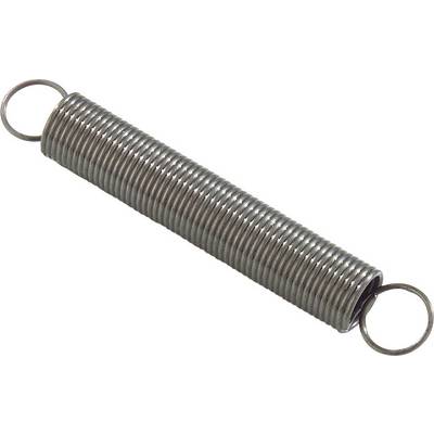 Metal spring with eyelets at both ends, horizontally positioned. It serves as a tensioning device or for dampening in mechanical applications.