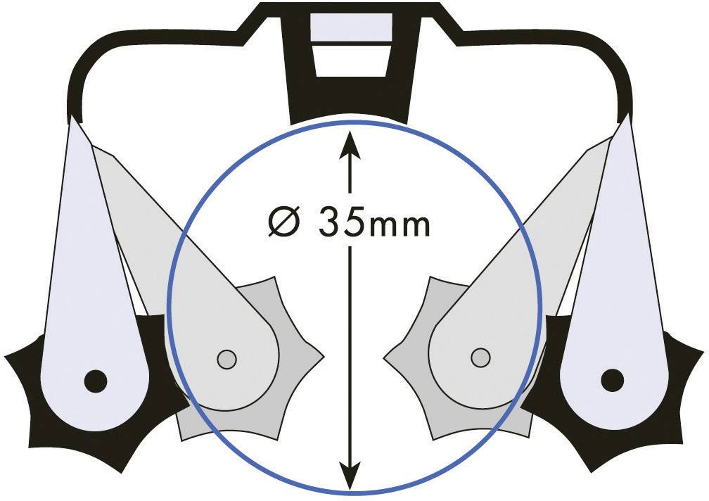 Two metallic cutting blades face each other, encircled by a blue circle. A measurement arrow indicates 'Ø 35mm' in the centre.