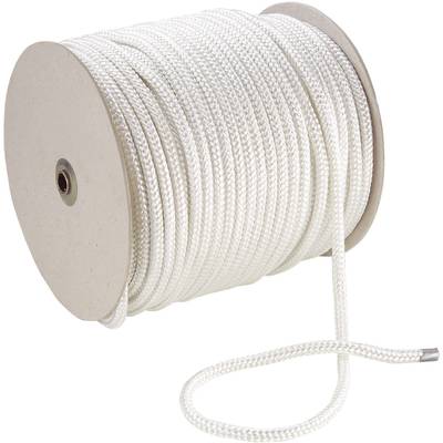 A large, white cord wound around a round cardboard spool with a loose end, suitable for craft projects or decoration.