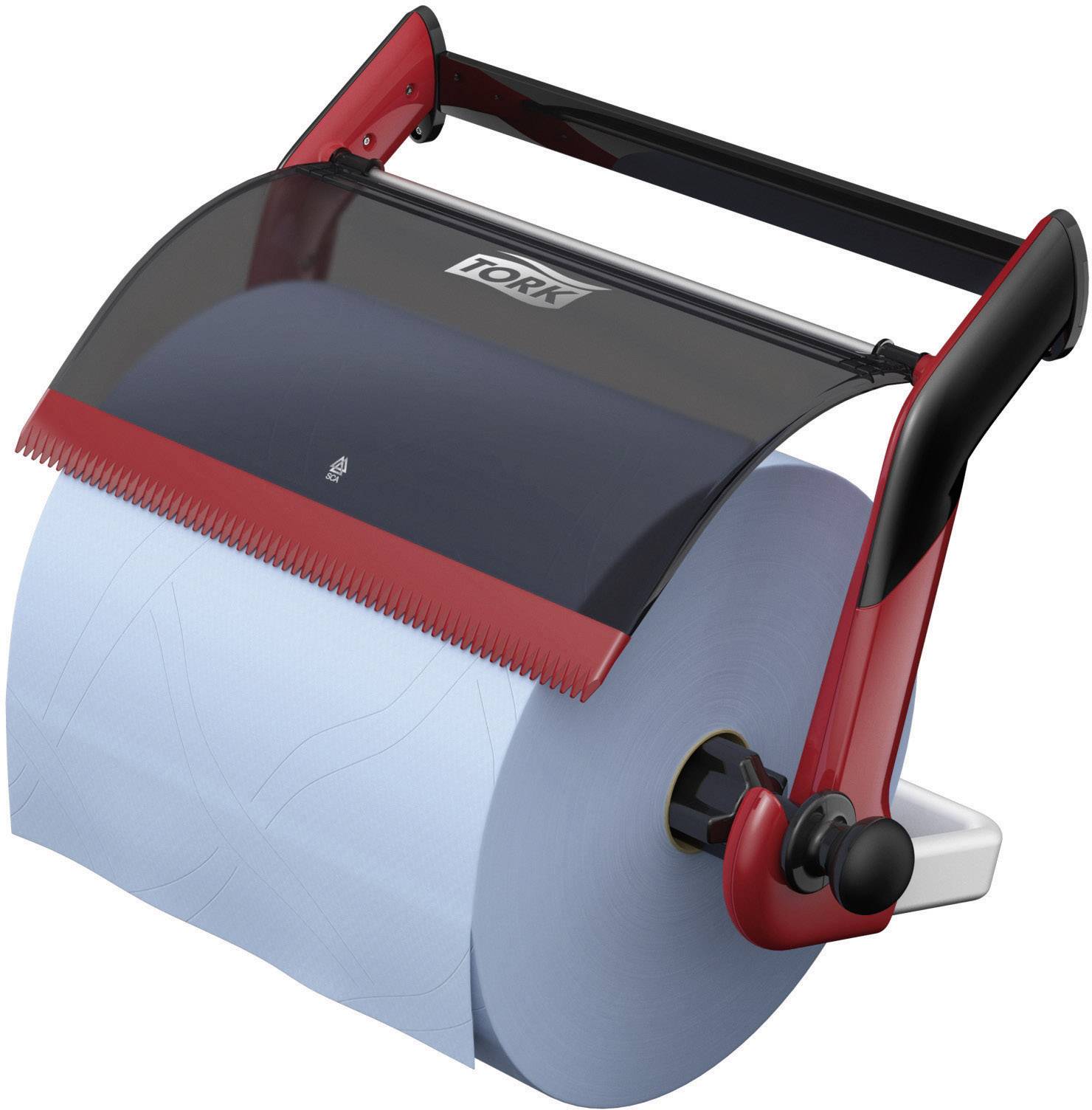 Paper towel dispenser with a red housing and blue paper roll, suitable for industrial or commercial use.