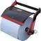 Paper towel dispenser with a red housing and blue paper roll, suitable for industrial or commercial use.