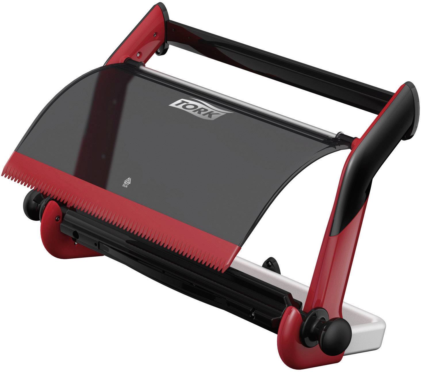 A black and red paper towel dispenser system. It features a cover with teeth for easy tearing of paper towels.