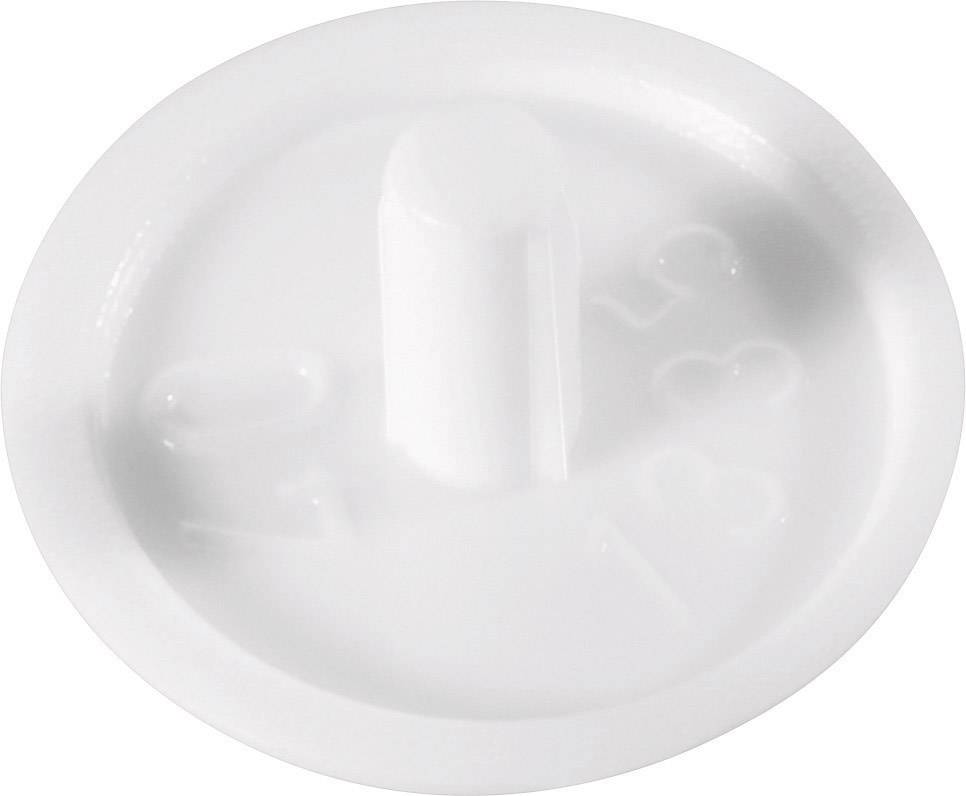 White plastic disc with a raised needle in the centre and embossed numbers on it. Used for securely sealing lids.