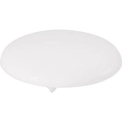 A white, round plastic door stop with a small point on its underside for fixing to the floor.