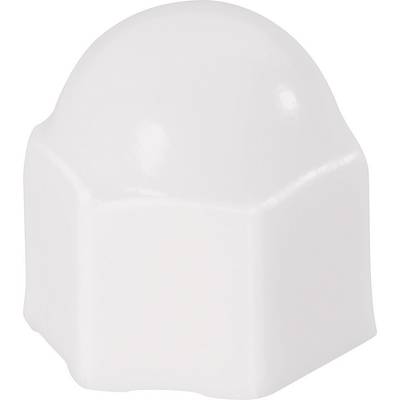 White plastic hexagonal nut with a rounded cap design, used for covering screws to create a clean, neat appearance.