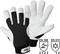 A pair of white work gloves with a black palm, alongside symbols for safety standards EN 388 and EN 511.