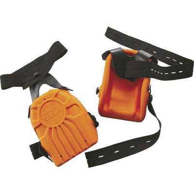 Orange knee pads with black straps, suitable for work on hard surfaces, provide protection and comfort.