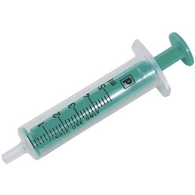 Green disposable syringe with graduated scale and "SINGLE USE ONLY" marking.