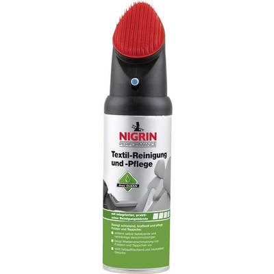 Spray bottle with red brush attachment, label: 'Nigrin Textile Cleaning and Care', for car seats, with integrated cleaning brush.